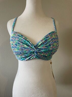 Helen Jon "Seaglass" Twist Bikini Top | Blue Green Geometric Mosaic